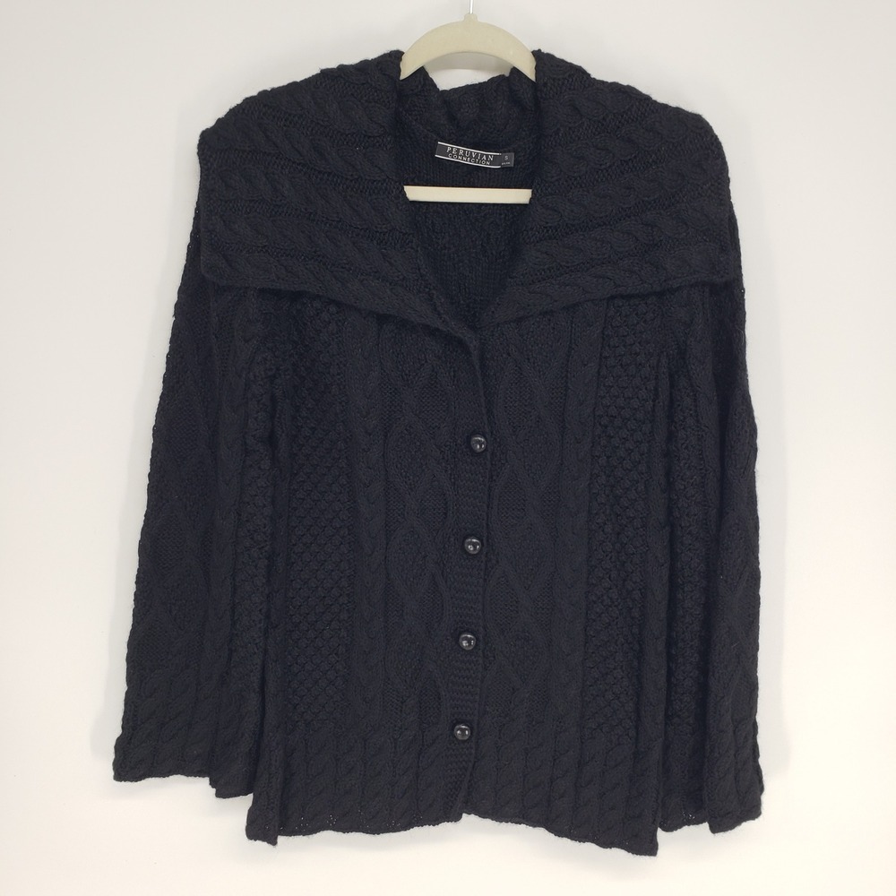 Peruvian Connection Cable Knit Cardigan Sweater Women S Black Baby Alpaca Shawl